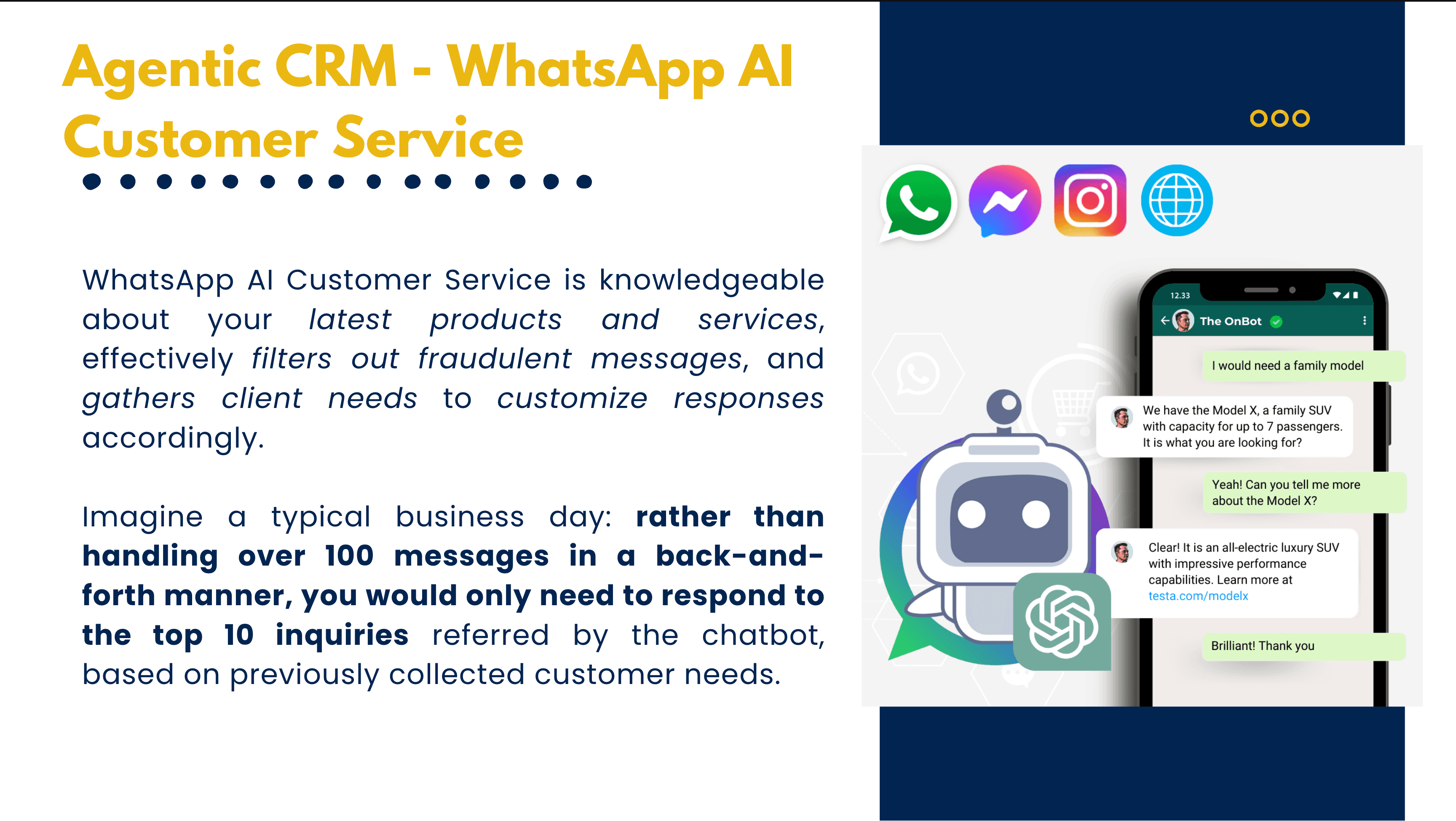 Agentic CRM — WhatsApp AI customer service overview with messaging channels and assistant illustration.