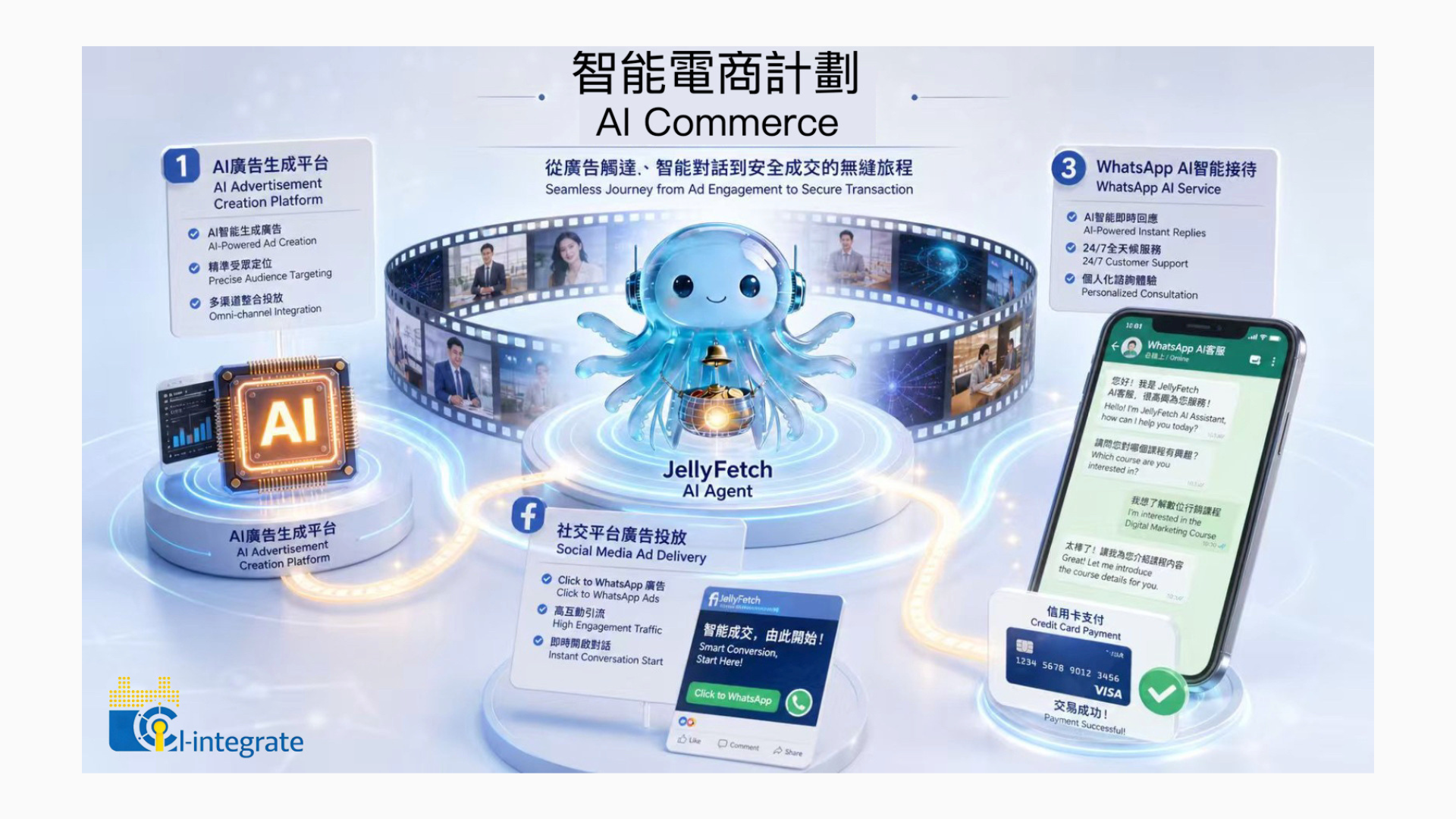 JellyFetch AI Agent — AI Commerce end-to-end flow from AI ads and social delivery to WhatsApp AI and card payment.